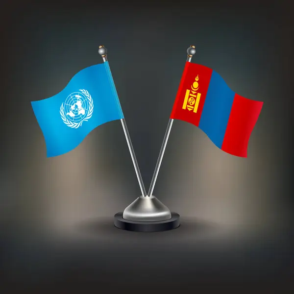 stock vector United Nations and Mongolia flag Relation, stand on table. Vector Illustration