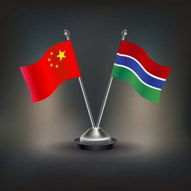 Çin ve Gambiya bayrağı, masanın üstünde durun. Vektör İllüstrasyonu