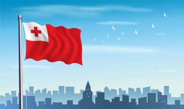 Silueti ve mavi gökyüzü olan Tonga Bayrağı