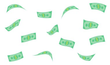 Uçan para dolar banknotları vektör illüstrasyonu. Amerikan doları seti. Düşen para beyaz arka planda izole edilmiş. Finans ve iş için uygun
