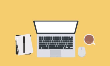 Modern iş dünyasının çalışma alanı arka planının en üst görüntüsü. Bilgisayarlı, dijital cihazlı ve not defterli ofis masasının düz çizimi