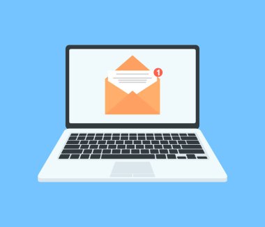 Dizüstü bilgisayardan e-posta bildirimi. Yeni mesaj. Laptop ekranında posta uyarısı. Düz stil. Vektör illüstrasyonu.