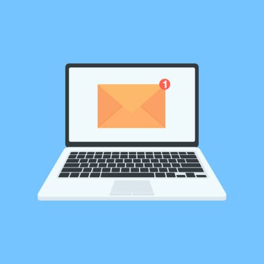 Dizüstü bilgisayardan e-posta bildirimi. Yeni mesaj. Laptop ekranında posta uyarısı. Düz stil. Vektör illüstrasyonu.