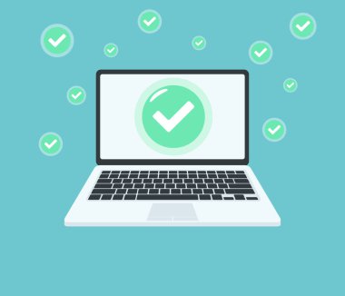 Tik Simgesi Vektör Tasarımı Üzerine Dizüstü bilgisayar ve Pano.