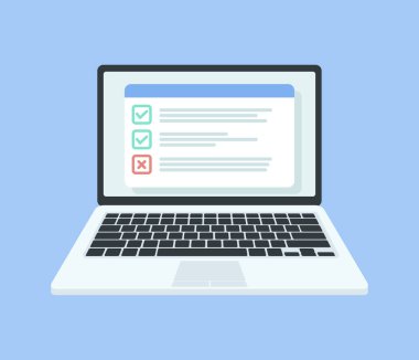 Laptop ekranında kontrol listesi. Düz bir şekilde izole edilmiş vektör çizimi. Web sitesi, pankartlar, bilgi grafikleri ve diğerleri için tasarım.