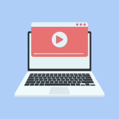 Modern dizüstü bilgisayar ekranında video oynatıcı ile. Video Online, film izlemek, eğitim materyalleri, web kursları kavramları. Uzun gölge düz tasarım. Vektör çizim