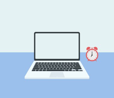 Modern iş bürosu çalışma alanı geçmişi. Bilgisayarlı ofis masasının düz çizimi ve çalar saat.