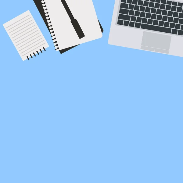 Top view of modern business office workspace background. Flat Illustration of office desk with laptop, digital devices and notepad
