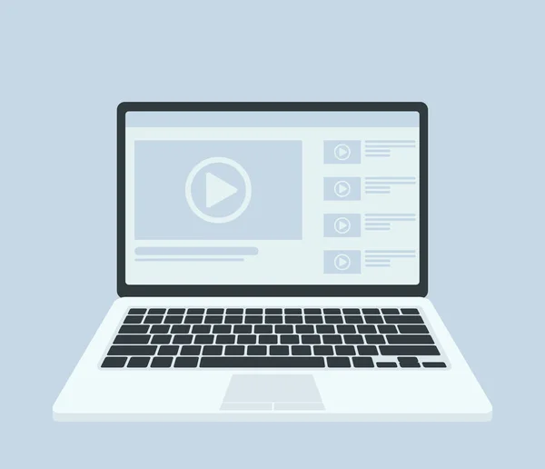 现代笔记本电脑屏幕上的视频播放器 在线视频 看电影 网络课程概念 长阴影的平面设计 矢量图 — 图库矢量图片