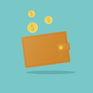 Cüzdan ve yığın para vektör illüstrasyonu, banknot işareti kazanç ve refah sembolü