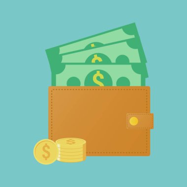 Cüzdan ve yığın para vektör illüstrasyonu, banknot işareti kazanç ve refah sembolü
