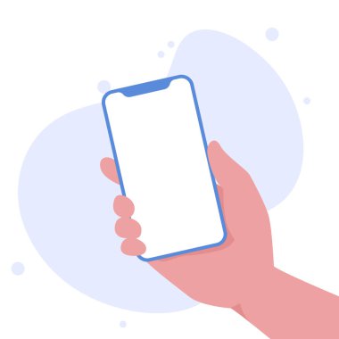 Boş ekran çizimi ile akıllı telefonu dikey olarak tutmak. Boş ekranlı telefon, telefon modeli, uygulama arayüzü tasarım ögeleri