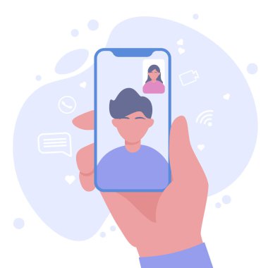 Video çağrısı konsepti. Erkek el ele tutuşup, bayan arkadaşlarla çevrimiçi sohbet ediyor. Video, uzaktan görüşme ve telefon görüşmeleri konseptiyle görüşün. Vektör illüstrasyonu.