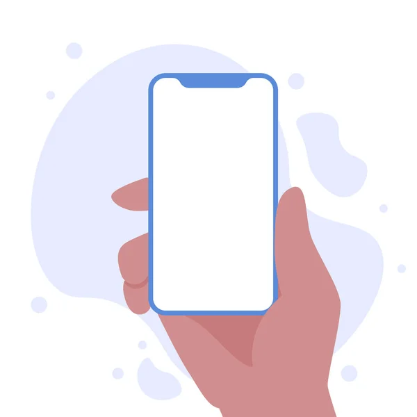 Koyu tenli el, boş ekran çizimi ile akıllı telefonu dikey olarak tutuyor. Boş ekranlı telefon, telefon modeli, uygulama arayüzü tasarım ögeleri