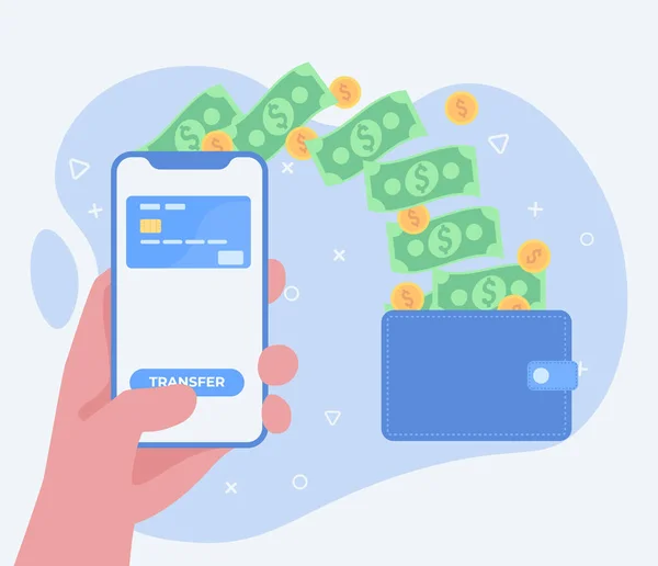 Çevrimiçi ödeme ve dijital fatura kavramı. Mobil bankacılık uygulaması ve kredi kartıyla ödeme. Para ve cüzdan örnekleriyle el ele tutuşan telefon.