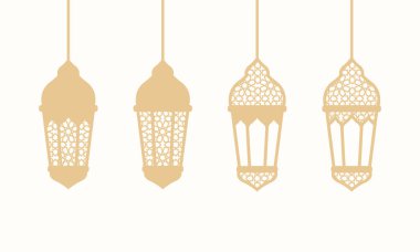 İslami desenli lüks altın Arap fener seti. Altın fener, lamba hattı simgeleri. Arap tasarım elementi. İslam nişanı. Çelenk selamı. Müslüman festivali. Vektör illüstrasyonu.