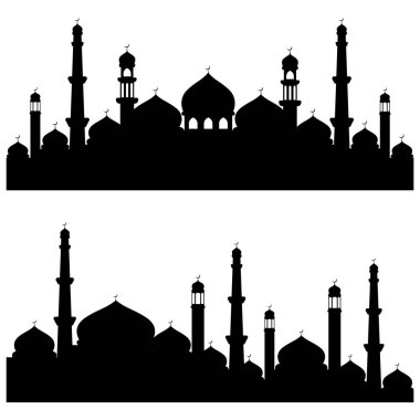 Düz caminin siluet vektör çizimi. Arkadaki element tasarımı için siluet içindeki İslami cami binaları.