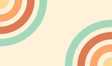 Renkli 60 'lar ve 70' lerin dairesel çizgileri vektör tasarımı. Gökkuşağı eğrisinin vektörü ve renkli, geometrik 70 'ler ve 60' ların modaya uygun illüstrasyonu