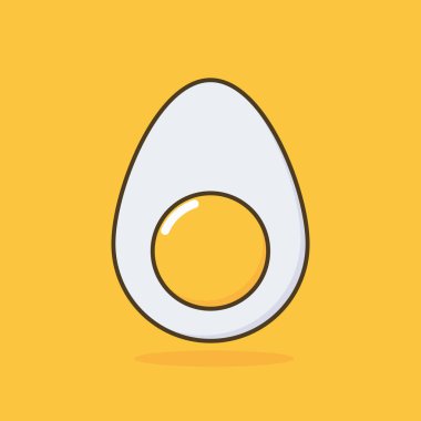 Tatlı haşlanmış yumurta çizgi filmi. Sarı arka planda haşlanmış yumurta ikonunun düz çizimi. Gıda ürünleri tasarımı, posterler veya broşürlerde kullanılabilir.