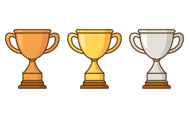 Altın, gümüş ve bronz kupa çizgi film ikonu koleksiyonu. Düz stilde şampiyon kupası. Vektör düz dış hat simgesi