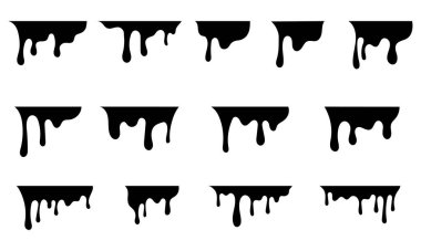 Siyah eriyen damlalar boya koleksiyonunu eritiyor. Erime damlaları soyut sıvı vektör elementlerini boyar. kenarlık ve damlatma mürekkebi