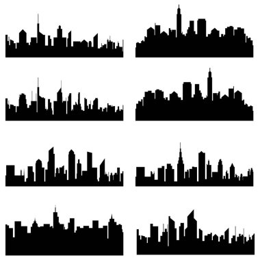 Modern şehir siluet vektör koleksiyonu. Şehir manzarası siluetleri vektör illüstrasyonu