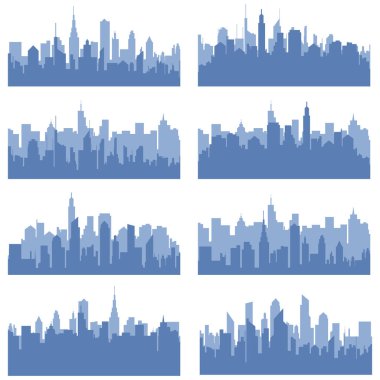 Modern şehir siluet vektör koleksiyonu. Basit minimalist mavi şehir silueti arkaplanı. Şehir manzarası siluetleri vektör illüstrasyonu.