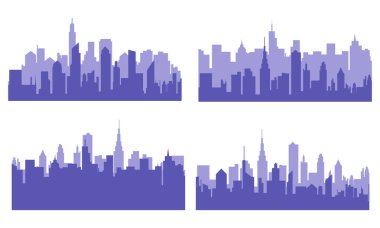 Modern şehir siluet vektör koleksiyonu. Basit minimalist mavi şehir silueti arkaplanı. Şehir manzarası siluetleri vektör illüstrasyonu.