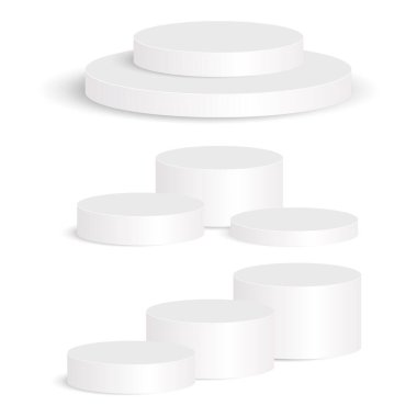 Geometrik podyum platformu koleksiyonu olan 3D ürün minimal görüntüsü. Gerçekçi beyaz silindir kaide podyumu olan soyut beyaz 3D oda. Sahne vitrini bej arka plan stüdyosunda