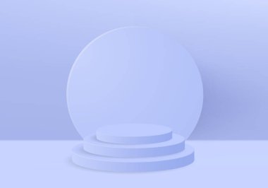 3D mavi, geometrik podyum platformlu en az görüntüleme sahnesi. Kozmetik ürünlerini gösteriyor. Mavi Stüdyo 'da sahne gösterisi