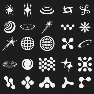 Geçmişe dönük y2k tasarım için elementleri şekillendirir. 2k tarzında soyut grafik geometrik semboller ve nesneler. Logo, notlar, posterler, afişler, çıkartmalar, web, kartvizitler için hippi grafik nesneler