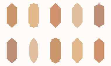 İslami Şekil İllüstrasyon seti. düz İslami kapı ve Arap pencere şekli çizimi. Ramazan ayı için Müslüman doğulu şekiller tasarlıyor. İslami Tasarım, Etiket, İmza ve Etiket İçin İyi