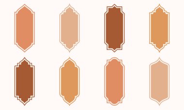 İslami Şekil İllüstrasyon seti. düz İslami kapı ve Arap pencere şekli çizimi. Ramazan ayı için Müslüman doğulu şekiller tasarlıyor. İslami Tasarım, Etiket, İmza ve Etiket İçin İyi