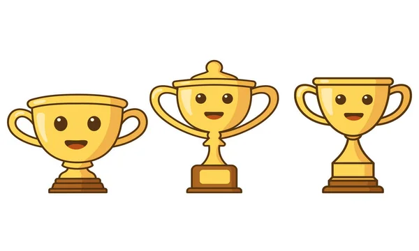 Altın Kupa Çizgi Film Karakteri Koleksiyonu Düz Stilde Şampiyon Kupası — Stok Vektör