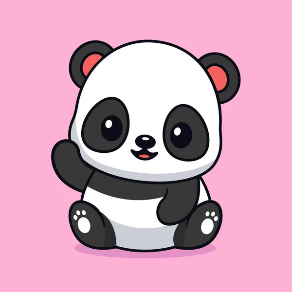 Lindo Kawaii Bebé Panda Sentado Levantando Mano Dibujo Animado Personaje — Vector de stock