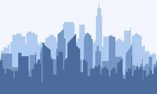 Modern city scape silhouette vector. Simple minimalist blue city skyline background. Urban cityscape silhouettes vector illustration.