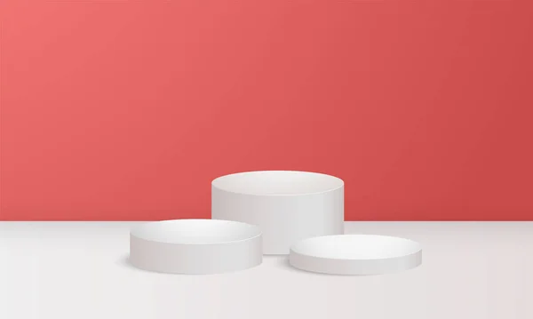 Geometrik podyum platformlu minimum 3d ürün görüntüleme sahnesi. Boş odası ve kırmızı arkaplanı olan modern beyaz daire kaidesi podyumu. Kozmetik ürünlerini göster