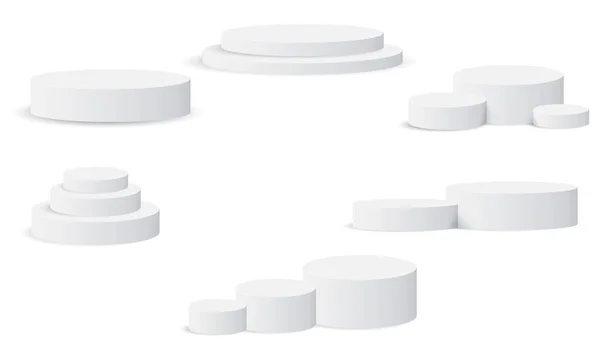 三维显示产品最小场景与几何讲台平台集合 抽象的白色三维空间 具有现实的白色圆柱体基座平台 基座上的舞台展示米色背景工作室 — 图库矢量图片