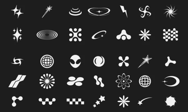 Geçmişe dönük y2k tasarım için elementleri şekillendirir. 2k tarzında soyut grafik geometrik semboller ve nesneler. Logo, notlar, posterler, afişler, çıkartmalar, web, kartvizitler için hippi grafik nesneler