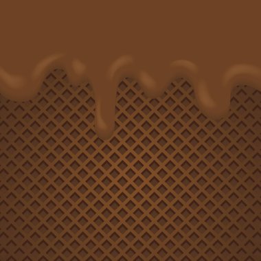 Erimiş çikolata damlayan arka plan. Waffel vektör çiziminde erimiş çikolata karikatürü akışı