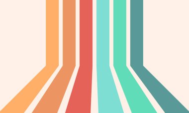 Eski moda arka plan. Geometrik hippi gökkuşağı çizgisi. Çizgileri ve gökkuşağı dalgalı çizgileri olan antika bir duvar kağıdı. soyut stil 70 'lerin çizgi çerçeve çizimi