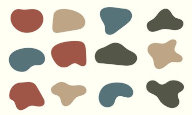 Soyut organik şekil. Modern lekeli şekil. Sıvı temel şekiller. Organik amip damlası şekli soyut renkli vektör çizimi. Temel lekeler geometrik, izole elementler beyaz arkaplanda