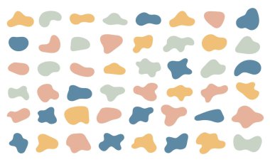 Soyut organik şekil. Modern lekeli şekil. Sıvı temel şekiller. Organik amip damlası şekli soyut renkli vektör çizimi. Temel lekeler geometrik, izole elementler beyaz arkaplanda