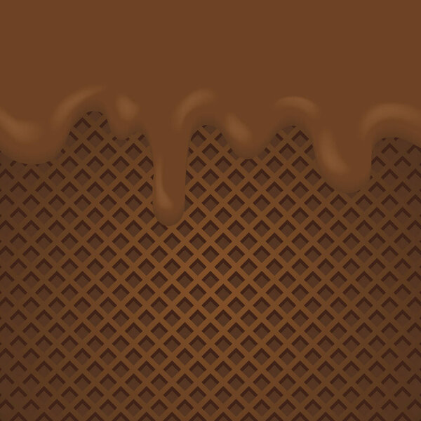 Melted chocolate dripping background. Flowing melted chocolate cartoon on wafel vector illustration