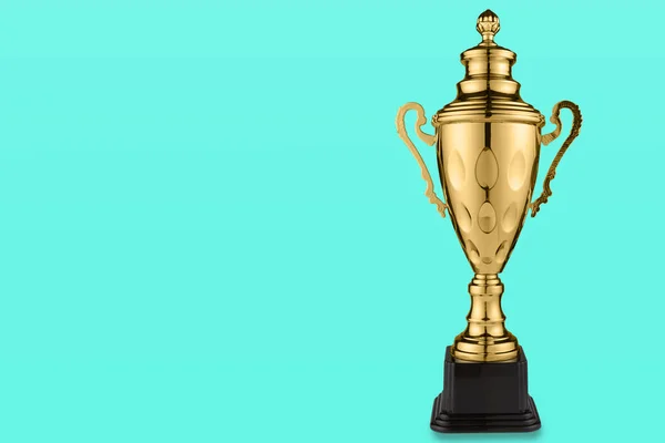 Golden High Award Cup Turquoise Background Victory Conception Copy Space — 스톡 사진