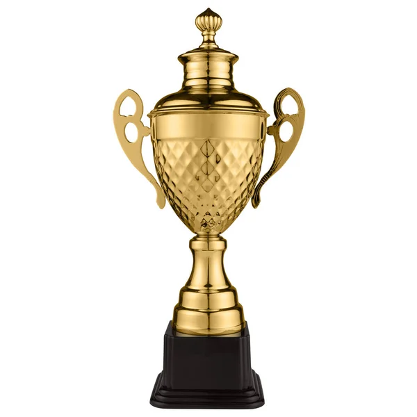 Χρυσό Ανάγλυφο Κύπελλο Σπορ Καπάκι Στέκεται Ένα Μαύρο Βάθρο Λευκό — Φωτογραφία Αρχείου