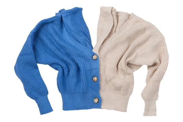 Dwa Swetry Niebieski Beżowy Złożone Przymocowane Siebie Guzikami Jak Dwie — Zdjęcie stockowe