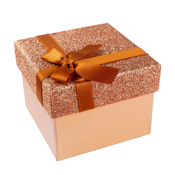 Beige Gift Box Shiny Lid Satin Brown Ribbon White Background — Stock Photo, Image
