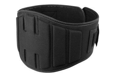 Güç kaldırmak için siyah geniş kemer, beyaz arka plan, kemer takılı, izole