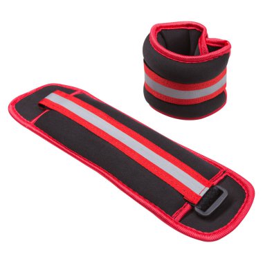 Siyah ağırlıklı bileşik, kırmızı kenarlı ve yansıtıcı şeritli, beyaz arka planda, spor için aksesuar, izole